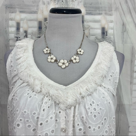 Reba Large Embroidered Dress Pullover Fringe Eyelet Solid White Sleeveless Midi - Picture 3 of 14